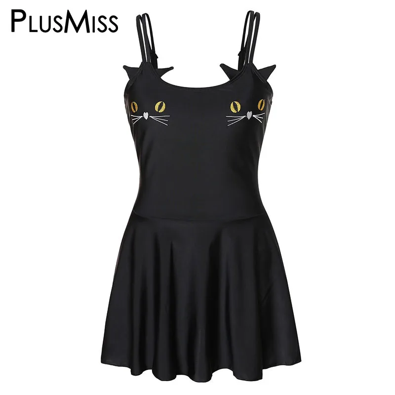 PlusMiss Плюс размер XXXXXL Спагетти ремень Кошка милый мини короткое платье женская