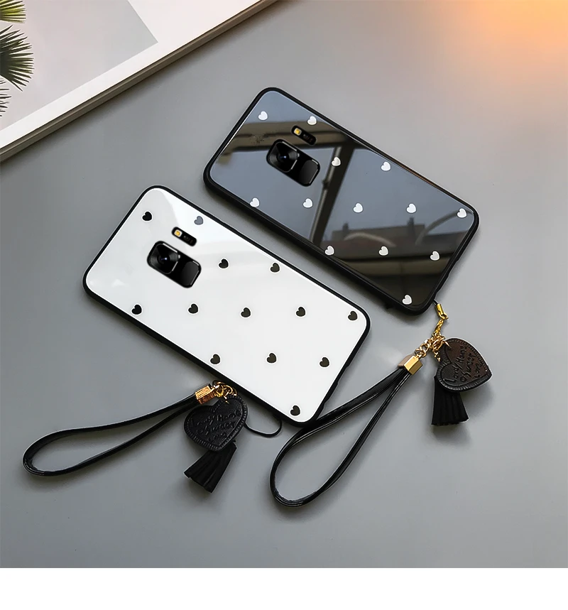 Для samsung Galaxy s10 s10e s9 s8 plus note 8 9 M10 M20 M30 A6 A7 A8 A9 j4 j6 plus A20 A30 A50 A70 сердце стекло чехол и ремешок
