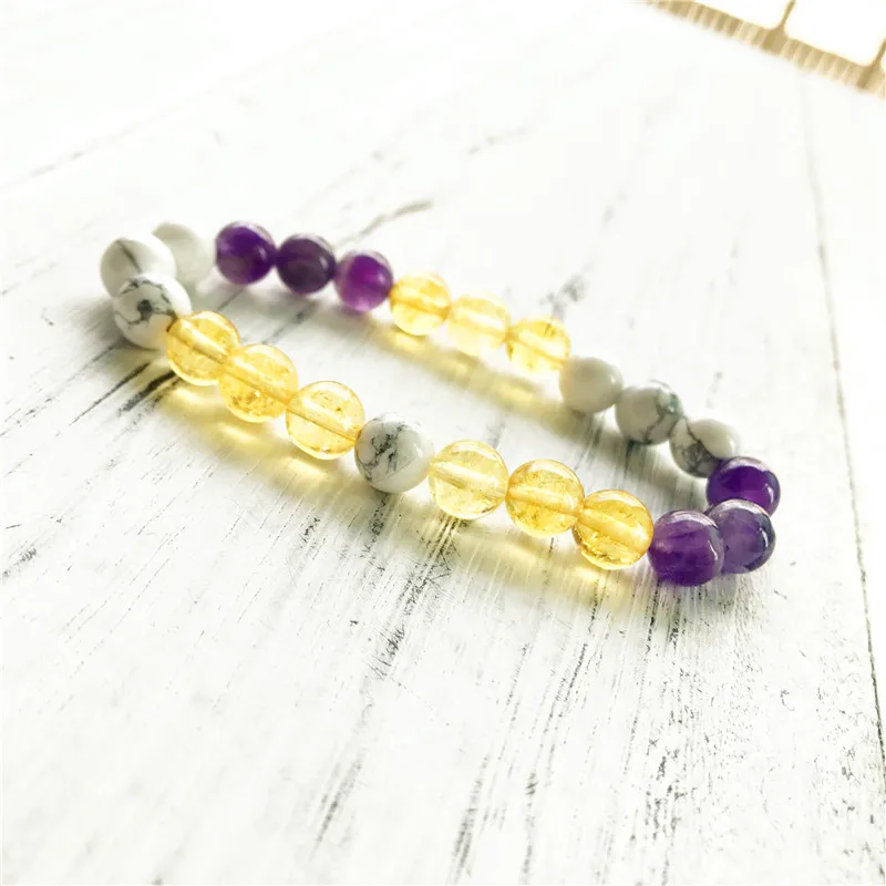 Дизайнерский браслет из 3 бусин желтый кварц и фиолетовый Howlite круглые бусины