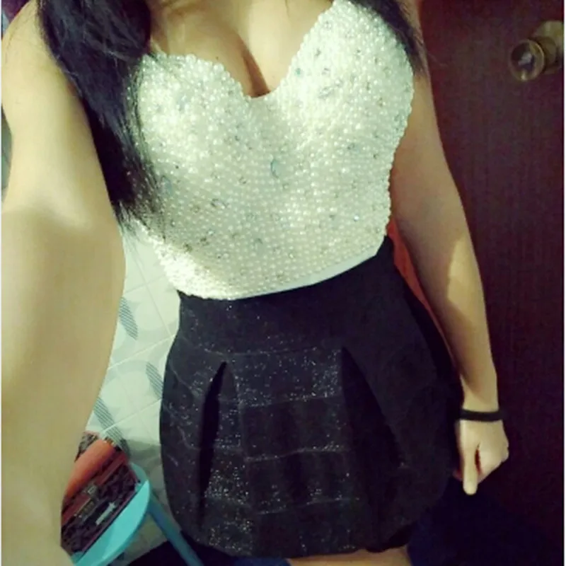 Женский топ бюстье ручной работы с жемчугом и белыми бусинами украшенный