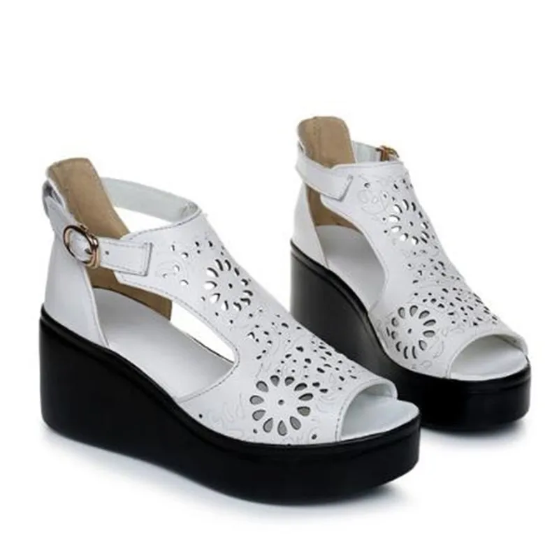 ZXRYXGS Brand Sandals Hollow Cow Leather Sandals Women Shoes Sandals Wedges high heels Summer Shoes Woman Fashion Sandals