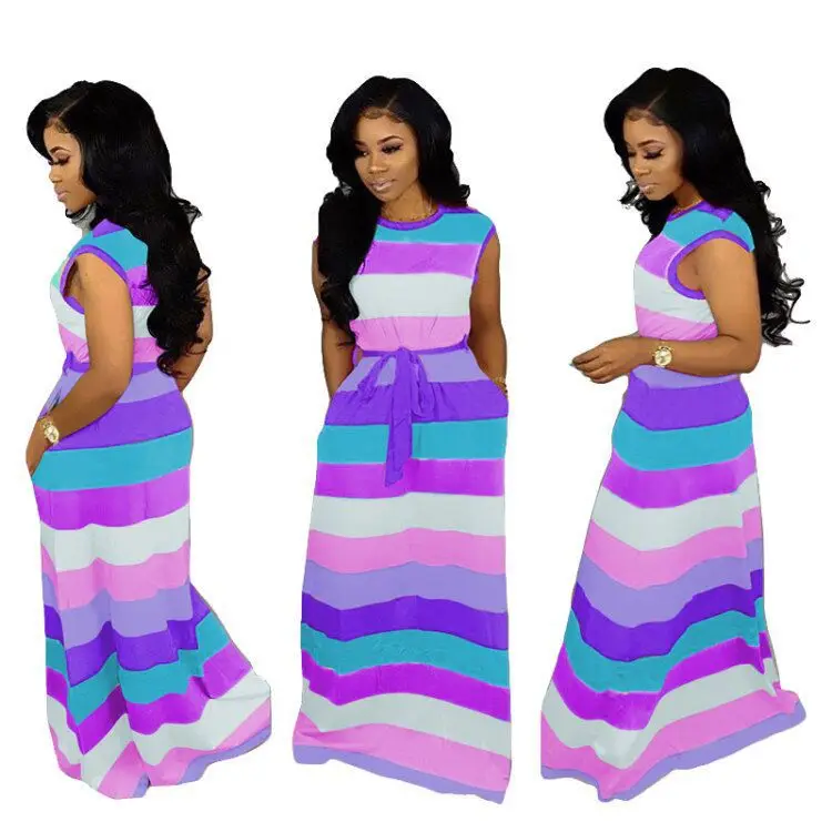 Женские платья летнее Милое сексуальное Повседневное платье в радужную полоску
