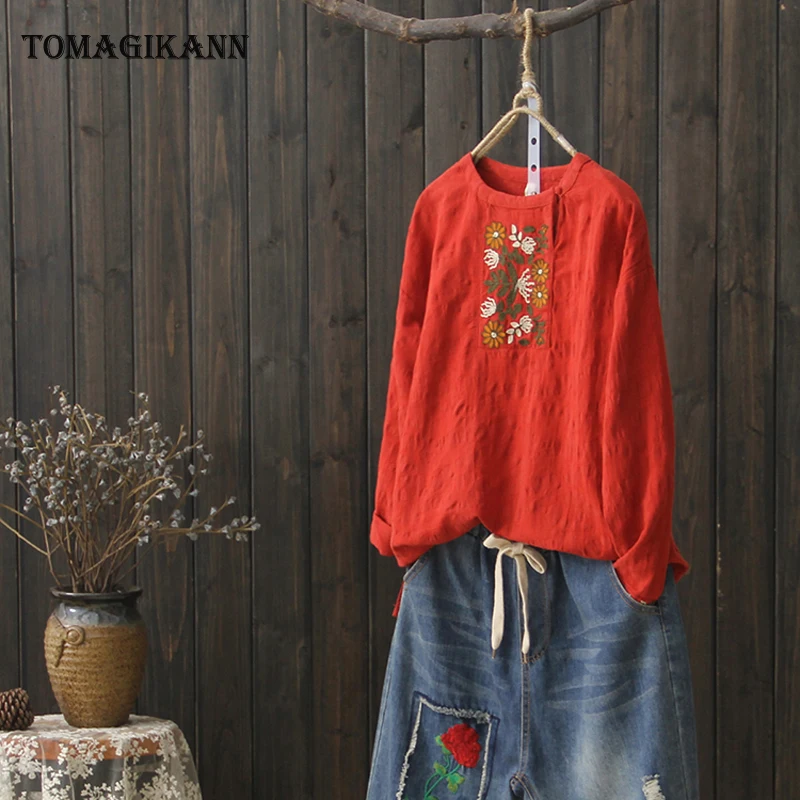 2018 Винтаж цветочной вышивкой хлопок и лен Для женщин футболка Женские топы
