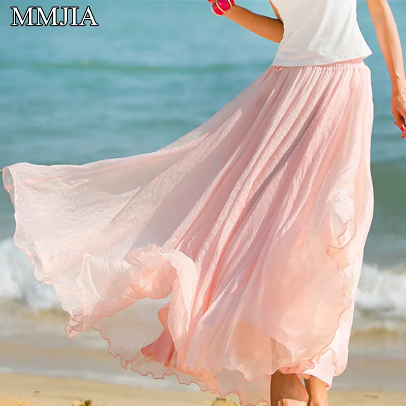 Модные женские длинные шифоновые однотонные юбки с эластичной талией