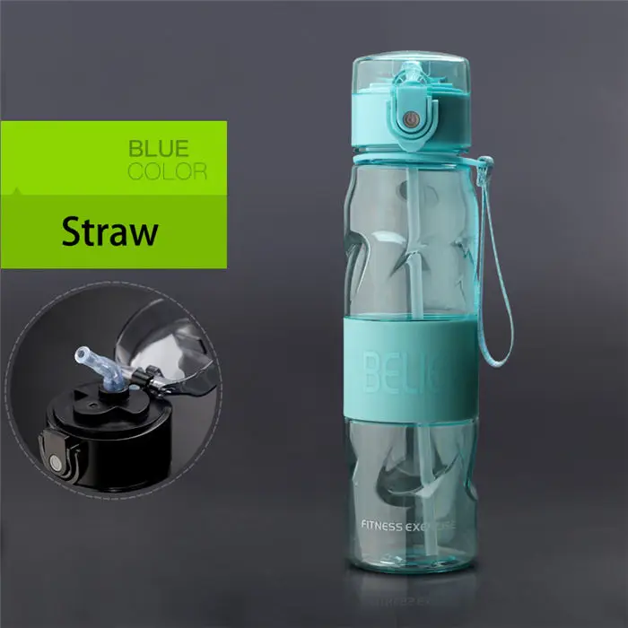 straw blue Модная бутылка для воды герметичные портативный спортивные бутылки для воды пластик походный чайник пеший Туризм напиток бутылка фитнес чайник 600 мл - Цвет: straw blue