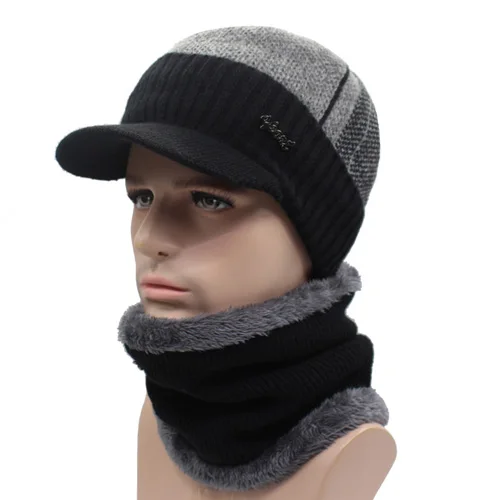 black middl gray set AETRUE зимние шапки Скалли зимняя шапка бини для мужчин женский шерстяной шарф головные уборы, Балаклава маска вязаная шапка вязаная - Цвет: black middl gray set