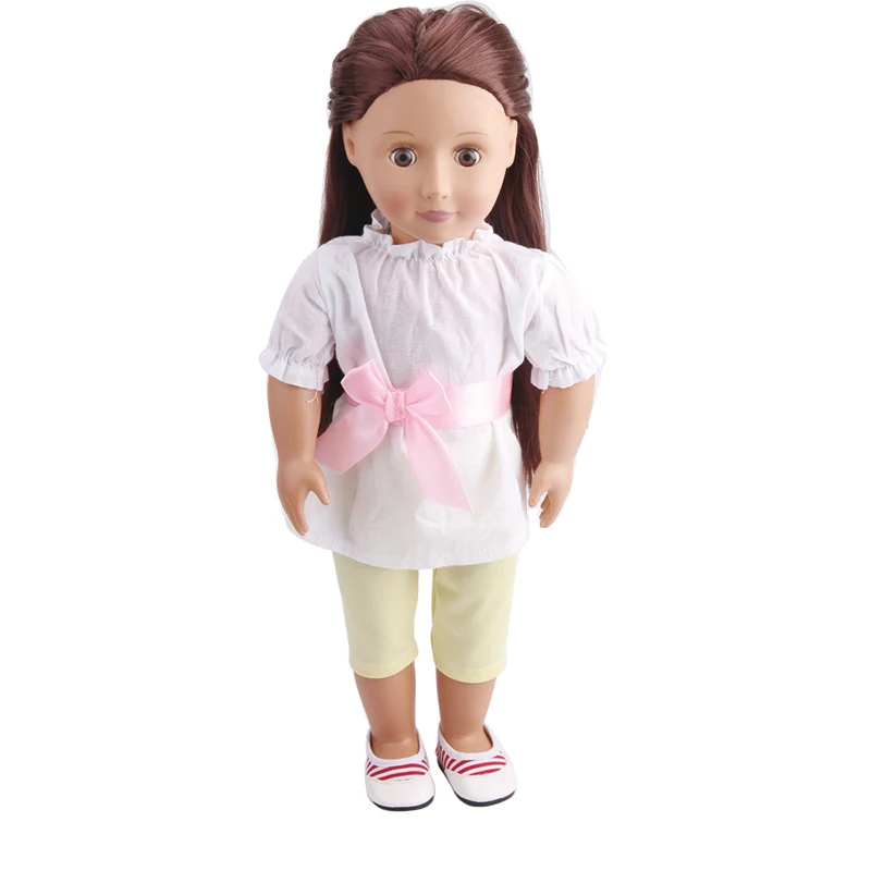 

18 inch Girls doll clothes Casual white top + yellow trousers American new born dress Baby toys fit 43 cm baby dolls c57