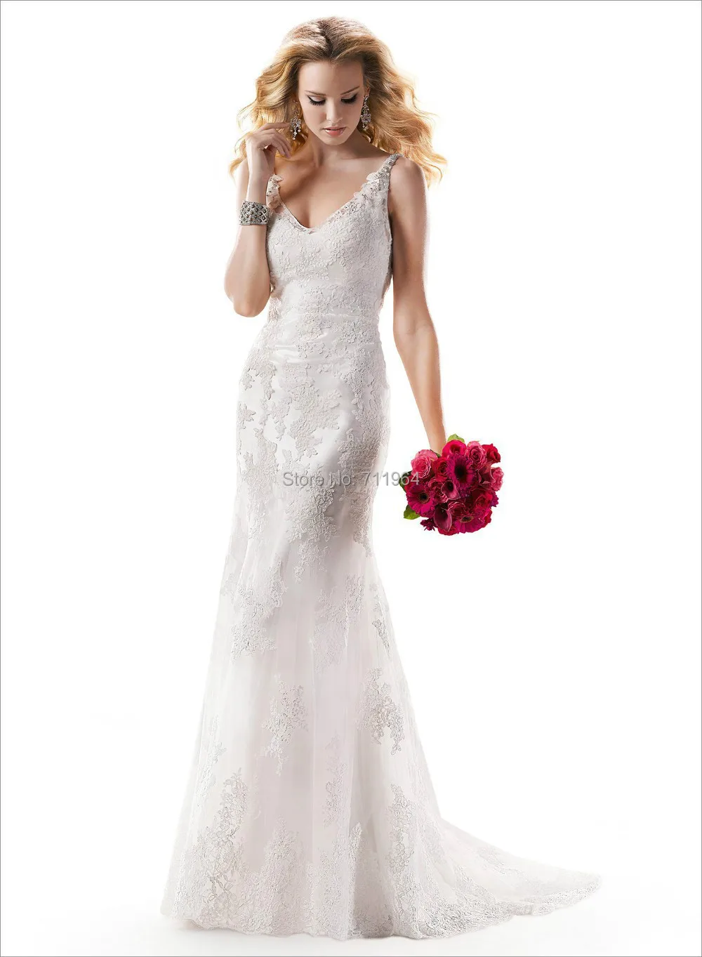 Top Best Quality White V-neck High Alencon Spaghetti Strap Sweep Train Open Back Lace Wedding Dresses 2014 Bridal | Свадьбы и