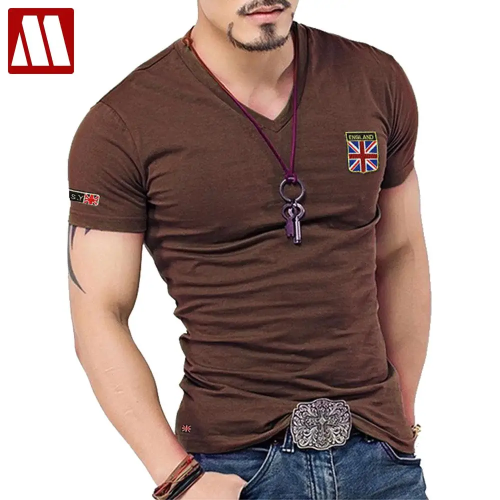 Мужская хлопковая футболка с V образным вырезом вышивкой|flag t shirt|brand shirt ment men |