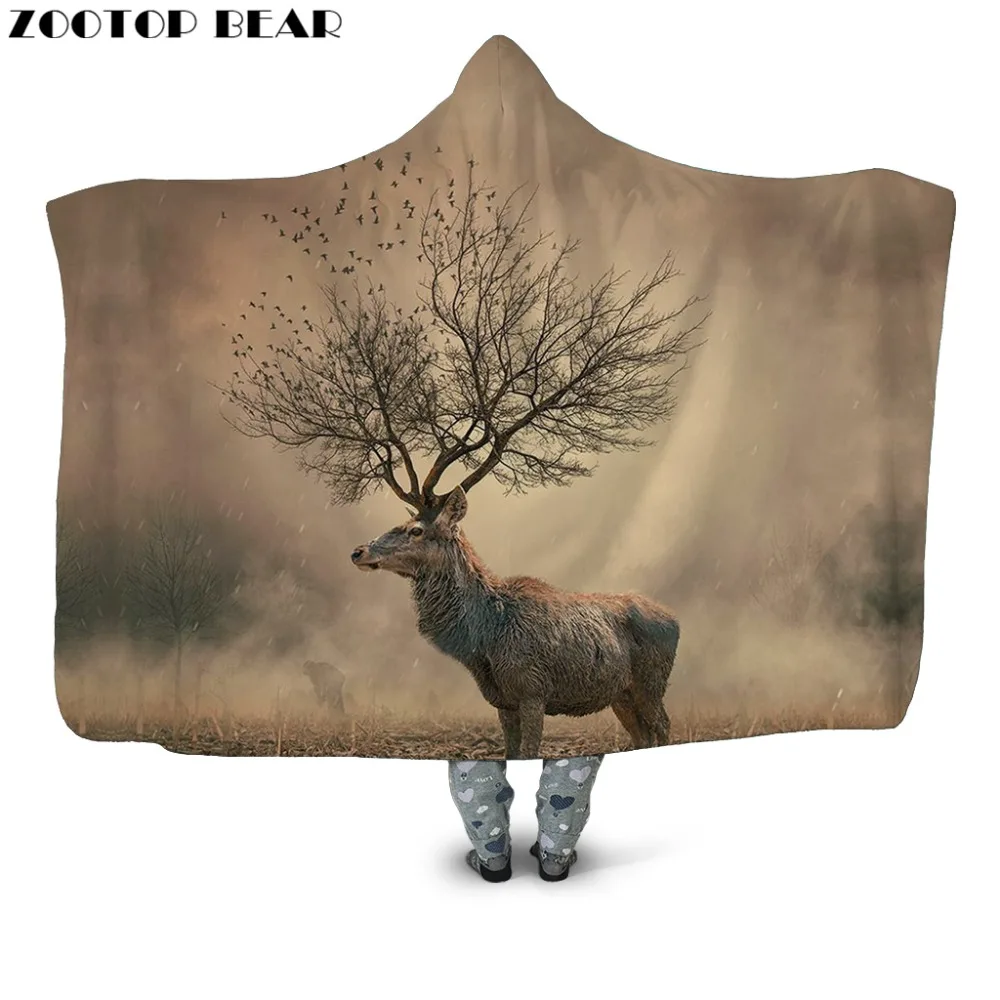 

Deer in Fog 3D Hooded Blanket Black Animal Printed Sherpa Fleece Microfiber Soft Throw Blanket Thin Quilt