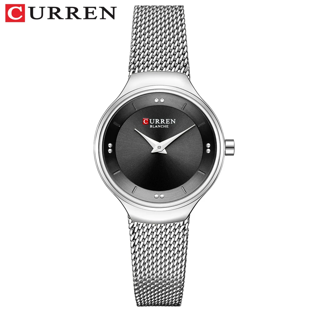 silver black Элегантные женские часы CURREN Модные кварцевые часы из нержавеющей стали с сеткой женские простые наручные часы для дам часы reloj mujer - Цвет: silver black