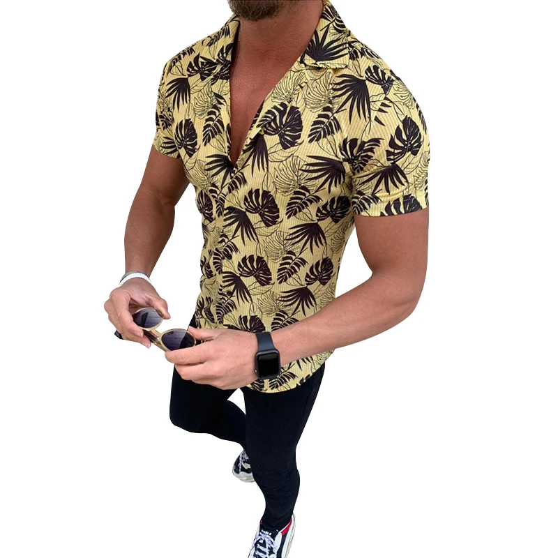 

Men's Hawaiian Shirt Male Casual Coconut Leaf Print Lapel Beach Short Sleeve Summer Slim High Quality Male Cotton Button camisa