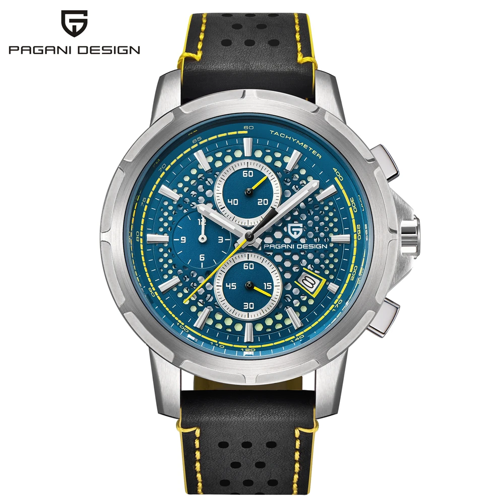 silver yellow B PAGANI Дизайн новые модные кварцевые часы мужские из натуральной кожи Saat водонепроницаемые светящиеся часы с хронографом поддержка дропшиппинг - Цвет: silver yellow B