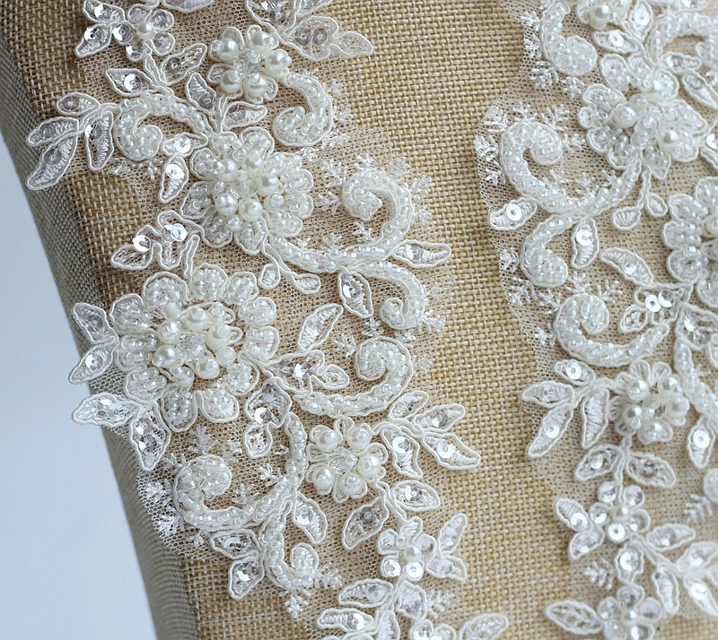Ivory Alencon Lace Applique Beaded Sequined Patch For Wedding Supplies Bridal Hair Flower Headpiece | Patches