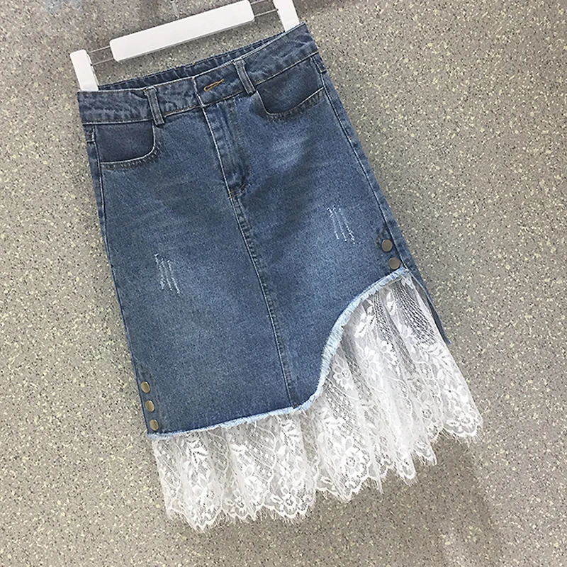 

Летняя одежда для Женский в Корейском стиле, женская джинсовая юбка с высокой талией, кружевная Лоскутная юбка с кисточками, женские джинсо...