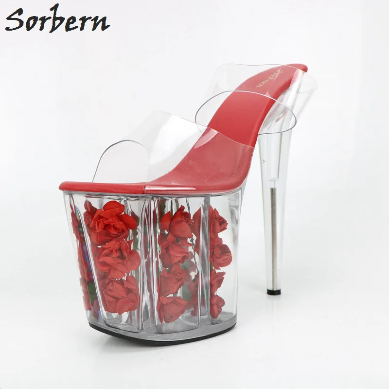 Sorbern красная обувь с милыми цветами Прозрачный каблук тапочки для женщин