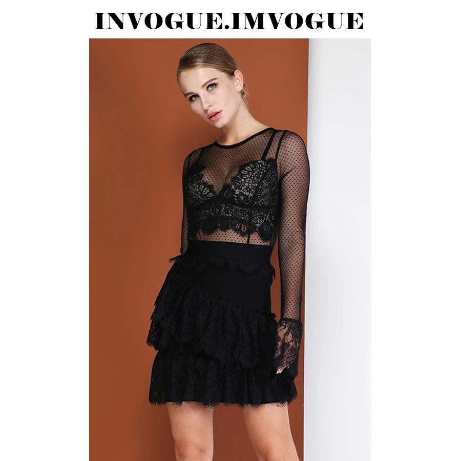 INVOGUE. Женское кружевное мини платье ivogue черное облегающее с круглым вырезом и