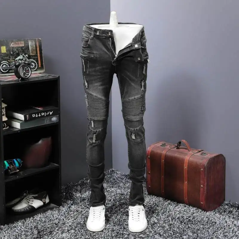 Винтажные, с дырами джинсы Для мужчин Классические Плиссированные Slim Fit джинсовые брюки для байкеров Street Стиль хип-хоп Жан женский джинсовый комбинезон мужской