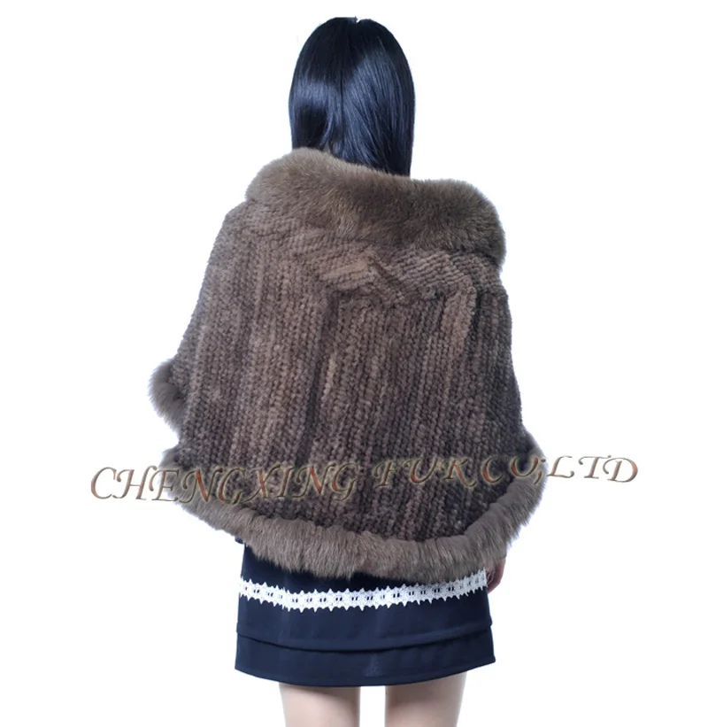 CX-B-M-99B Women Cape Real Mink Fur Knitted Shawl With Fox Trim ~ DROP SHIPPING |