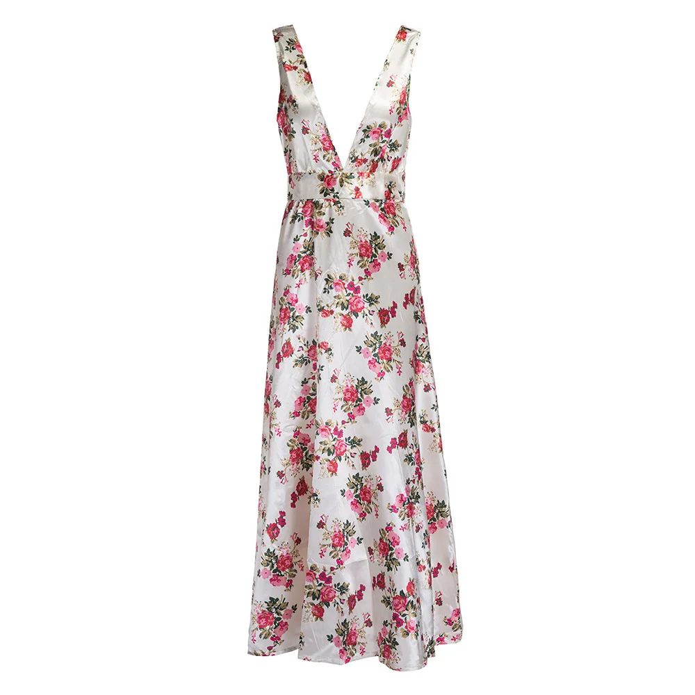 Женское платье макси с цветочным принтом и глубоким V образным вырезом|Женские