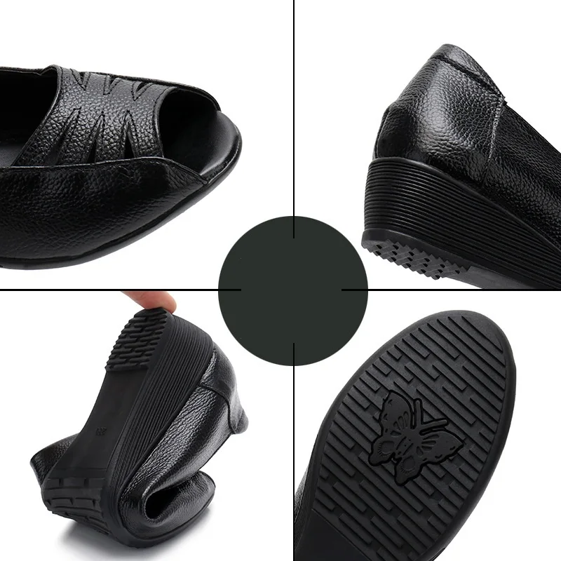 BEYARNESummer Women leather Flat fish head Sandals hollow Fashion Ladies sandals soft bottom comfortable Mother E253 | Обувь