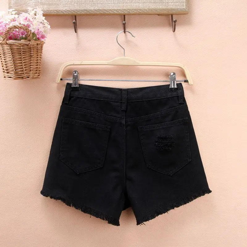 HziriP Denim Shorts Solid Hole Ribbons Washed Pockets High Waist Women Loose Summer Hot Black White | Женская одежда