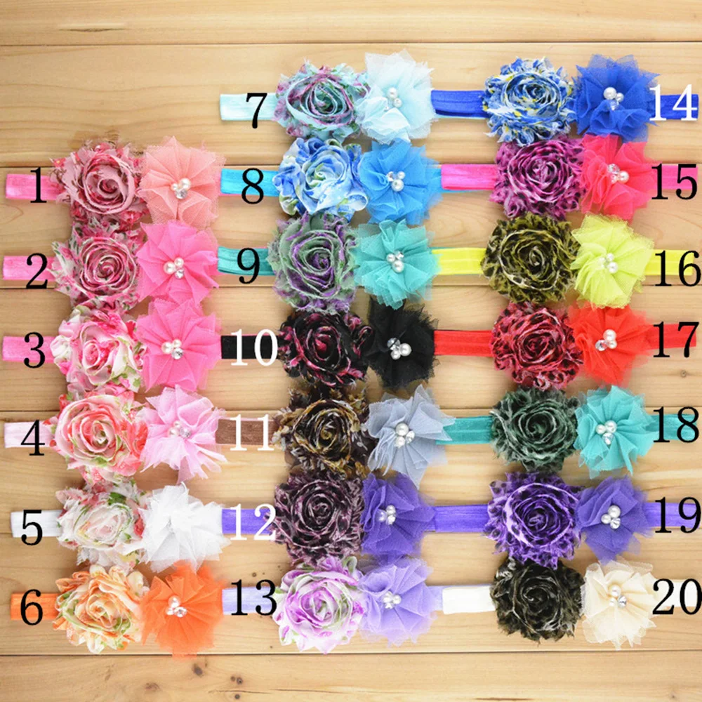 

10 pcs/lot , 2.5cm floral shabby chiffon flower and 2.5'' mesh pearl flower with elastic headband for headwear hair accessories