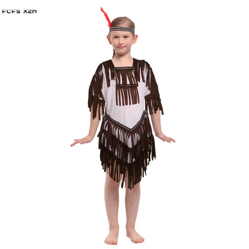 Girls Halloween Pocahontas Princess costumes Children Primitive Indian traditional Cosplay Carnival Purim Stage play party dress |