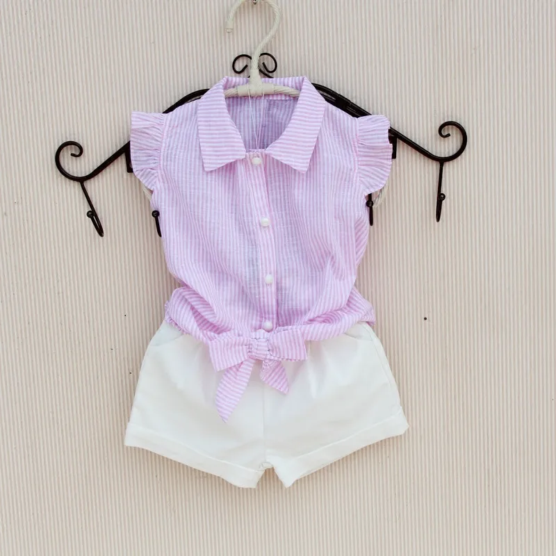 Блузка летняя для девочек-подростков хлопок в полоску без рукавов с бантом