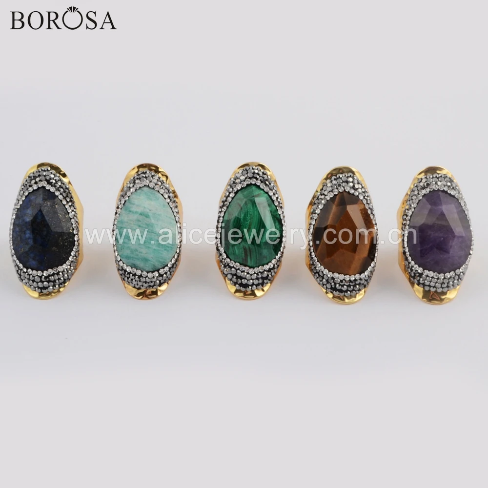 

BOROSA 5 шт. кольцо из натурального камня Золотое кольцо каплевидные аметисты малахитовое ювелирное изделие регулируемый размер кольцо JAB956-1