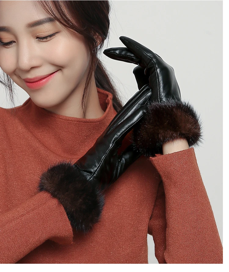 Зимние теплые однотонные Guantes высокое качество овчины черный натуральная кожа перчатки для женщин наручные норки мех Luvas