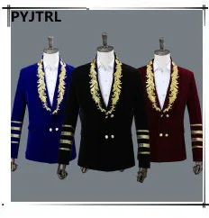 PYJTRL мужской классический дворцовый Блейзер Masculino красный белый черный вышивка сценический певец Свадебный костюм куртка с цветочным воротником рукав