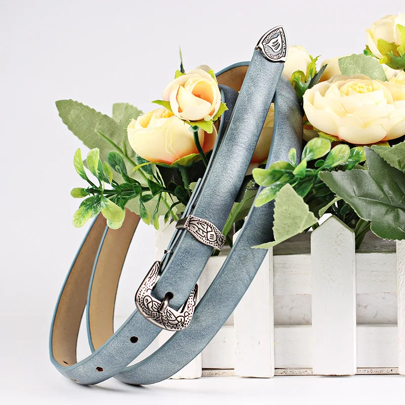 

KAWEIDA 2018 Women's Accessories Female Thin Flower Printing PU Leather Vintage Engraving Pin Buckle Belts Ladies Casual Belt