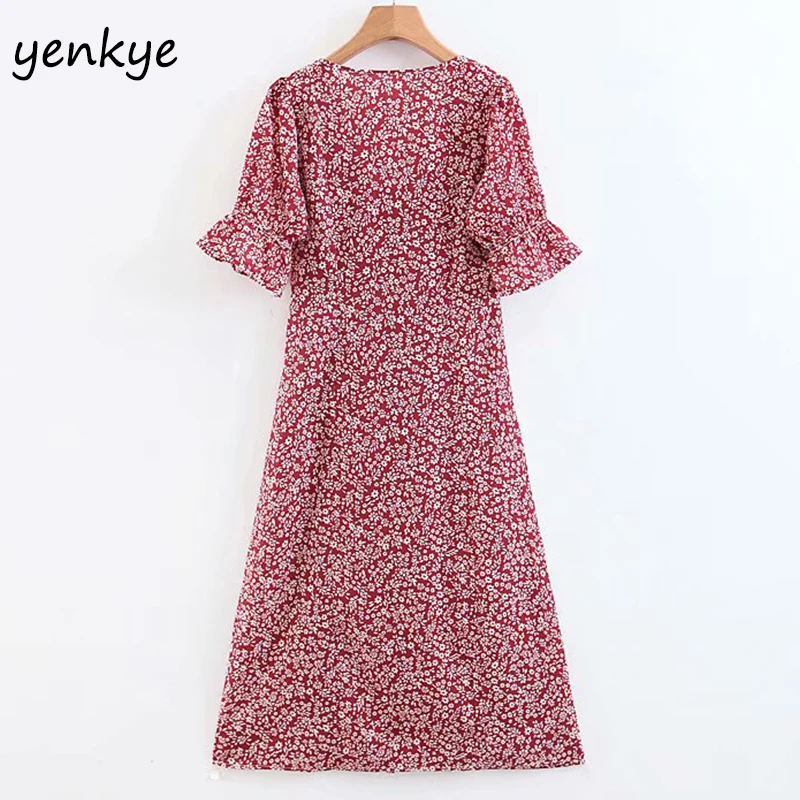 2019 Women Vintage Floral Print Holiday Summer Dress Lady V Neck Butterfly Sleeve A-line Midi Casual SDP6085 | Женская одежда