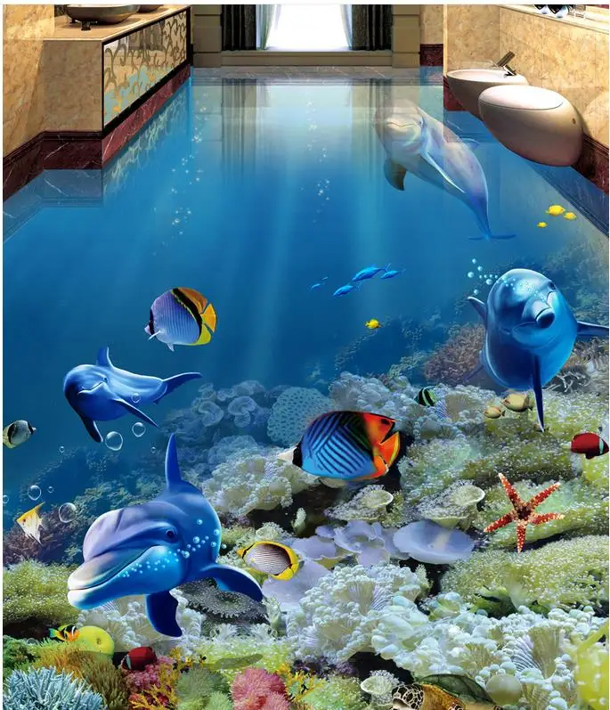 Водостойкие напольные обои с рисунком дельфина пляжные 3d для ванных комнат