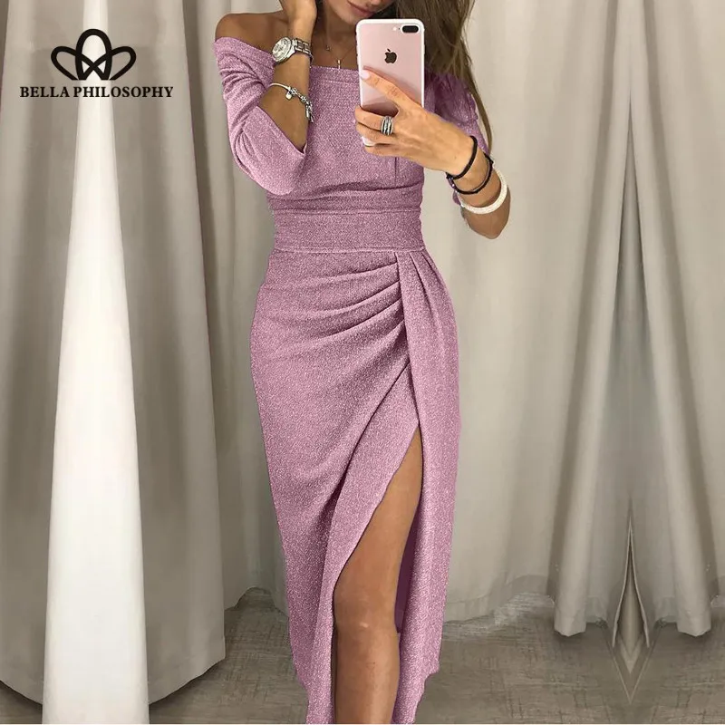 Чудо торжественное платье с открытыми плечами вечерние платья высоким разрезом