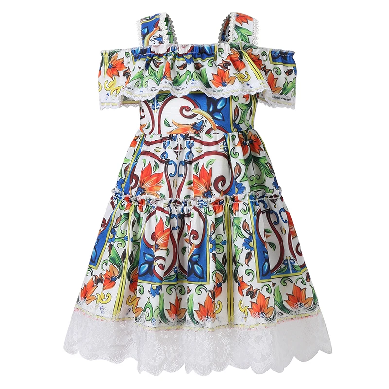 Bongawan Girls dress Sling Shoulder Ball Gown Bohemian Style Children Clothing Geometric Pattern Cotton Girl Clothes 3-10 Years | Детская