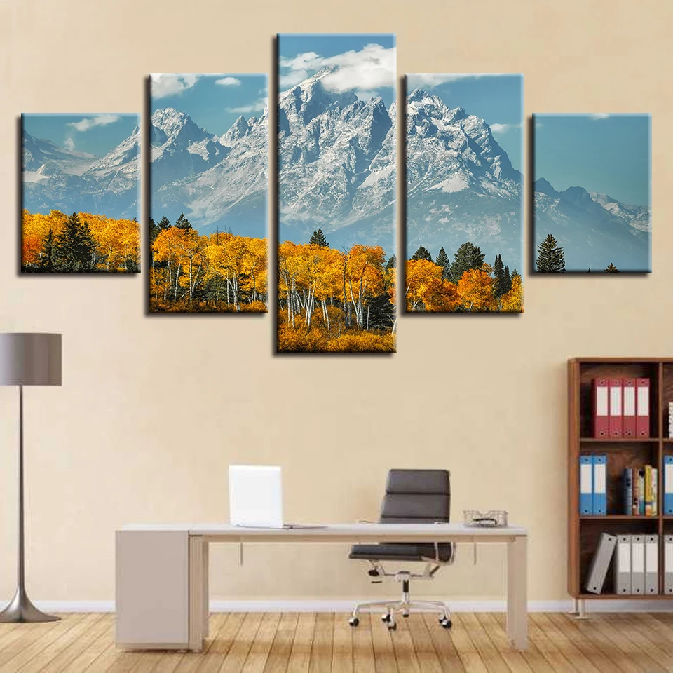 Original Oil Ink Canvas Painting Wall Art Frame HD Printed Pictures 5 Panel Poster Snow Mountain And Forest Photo | Дом и сад