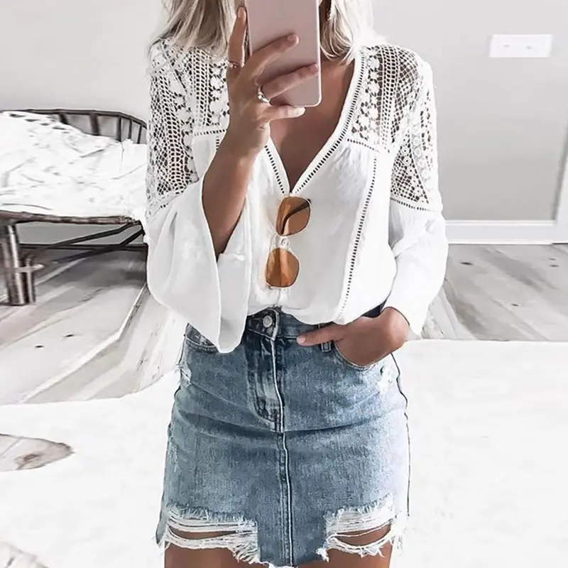 Женская Летняя Блузка Boho белая с треугольным вырезом и длинным рукавом-фонариком