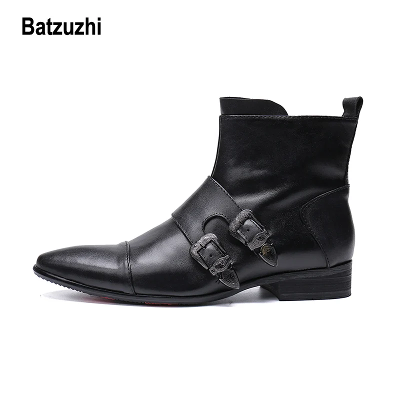 Batzuzhi Fashion Men Shoes Boots Pointed Soft Genuine Leather Buckles Motorcycle Knight Work for Big US12 |