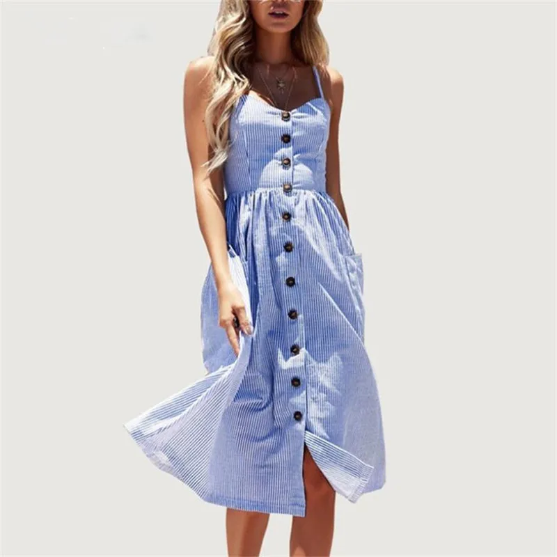 

VIIANLES Sleeveless Midi Dress Boho Summer Dress Striped Button Sexy V Neck Pockets Backless Floral Beach Women