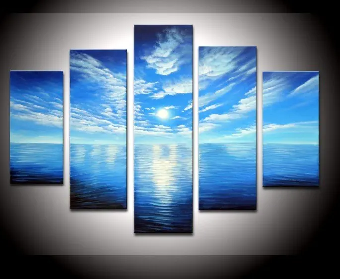 

5 Panels Hand Painted Modern Landscape Blue Sky Sea Oil Painting on Canvas Cuadros Paintings for Living Room Home Decor