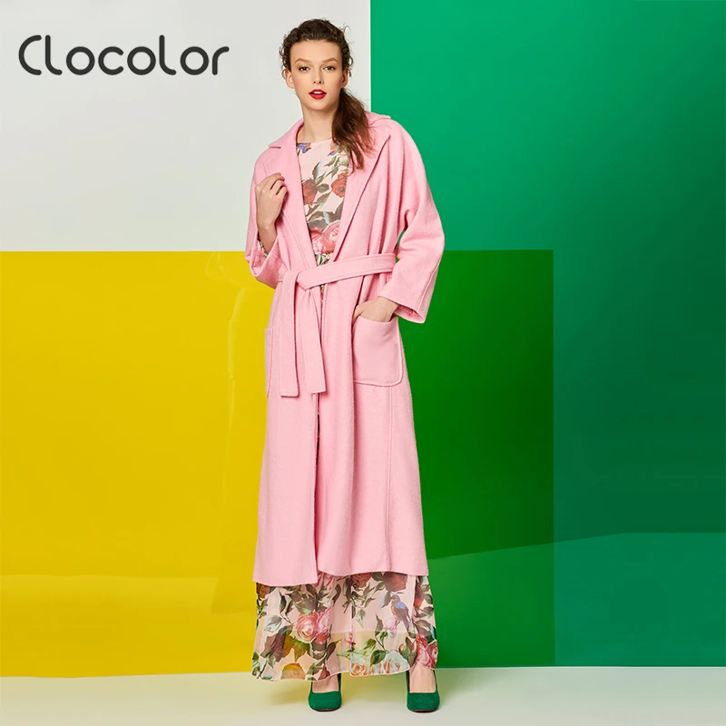 Для женщин пальто розовый шерсть ремень длинный рукав осень-зима теплые Тренчи