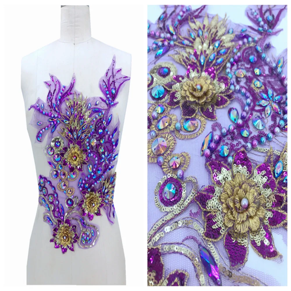 Фиолетовая/Золотая трехмерная Кружевная аппликация со стразами накладки для