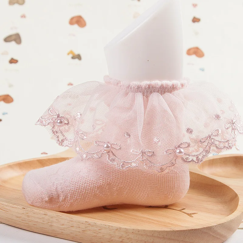pink pearl Летние кружевные носки с цветочным рисунком для маленьких девочек с бантом, носки принцессы для маленьких девочек хлопковые детские носки тонкие кружевные носки с розочками для девочек - Цвет: pink pearl