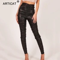 articat black high waist pu leather pencil pants women pleated elastic bodycon autumn trousers women streetwear skinny leggings