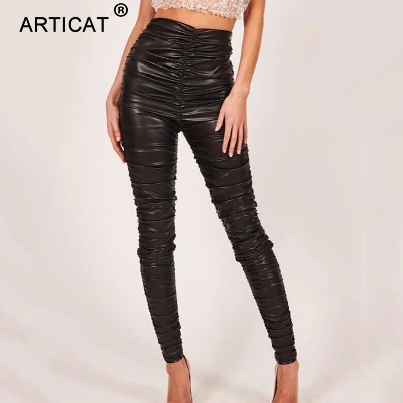 Articat/черные узкие брюки из искусственной кожи с высокой талией женские