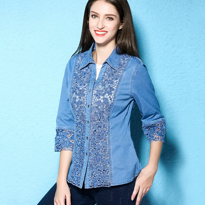 Atumn new arrival lace shirt women's fashion denim shirt large size blouse women NW17C1273