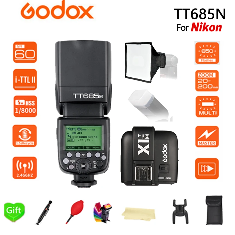 Godox TT685N 2 4G Вспышка для фотокамер Speedlite HSS 1/8000s i TTL GN60 Беспроводной высокоскоростная