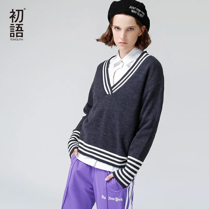 Toyouth Tricot V-neck Fashion Woman Sweater Stripe Patchwork Loose Casual Tops Long Sleeves Knit Pollover Jumpers | Женская одежда